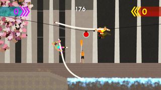 Local multiplayer games — two Sportsfriends atheletes attempt to scoot a ball across a zipline with long, wobbly poles.
