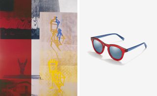 Left: artwork featuring bright red and deep blue tones. Right: sunglasses with red and blue frames