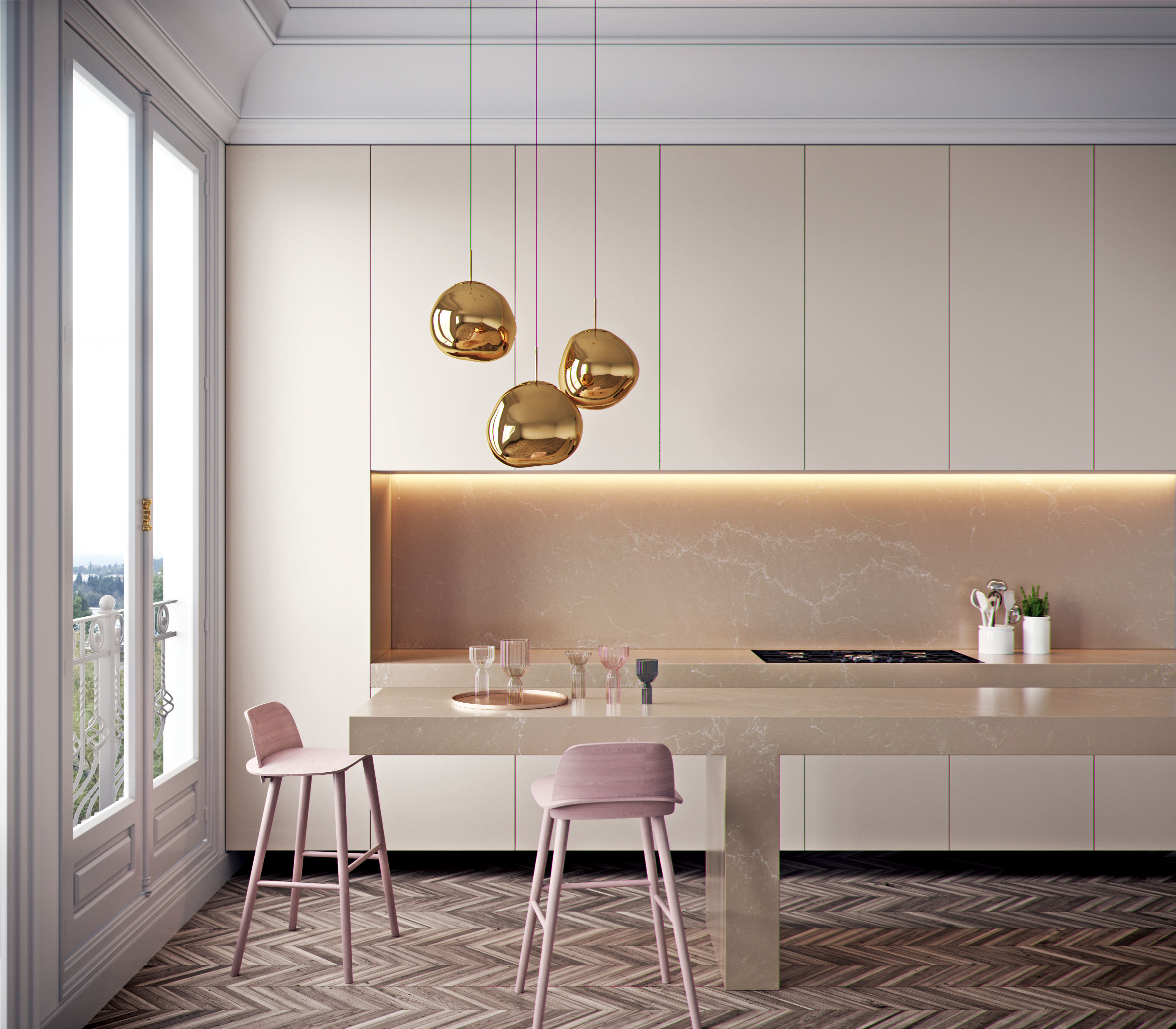 Caesarstone kitchen backsplash matching the countertops of a beige modern kitchen with downlighters and large island