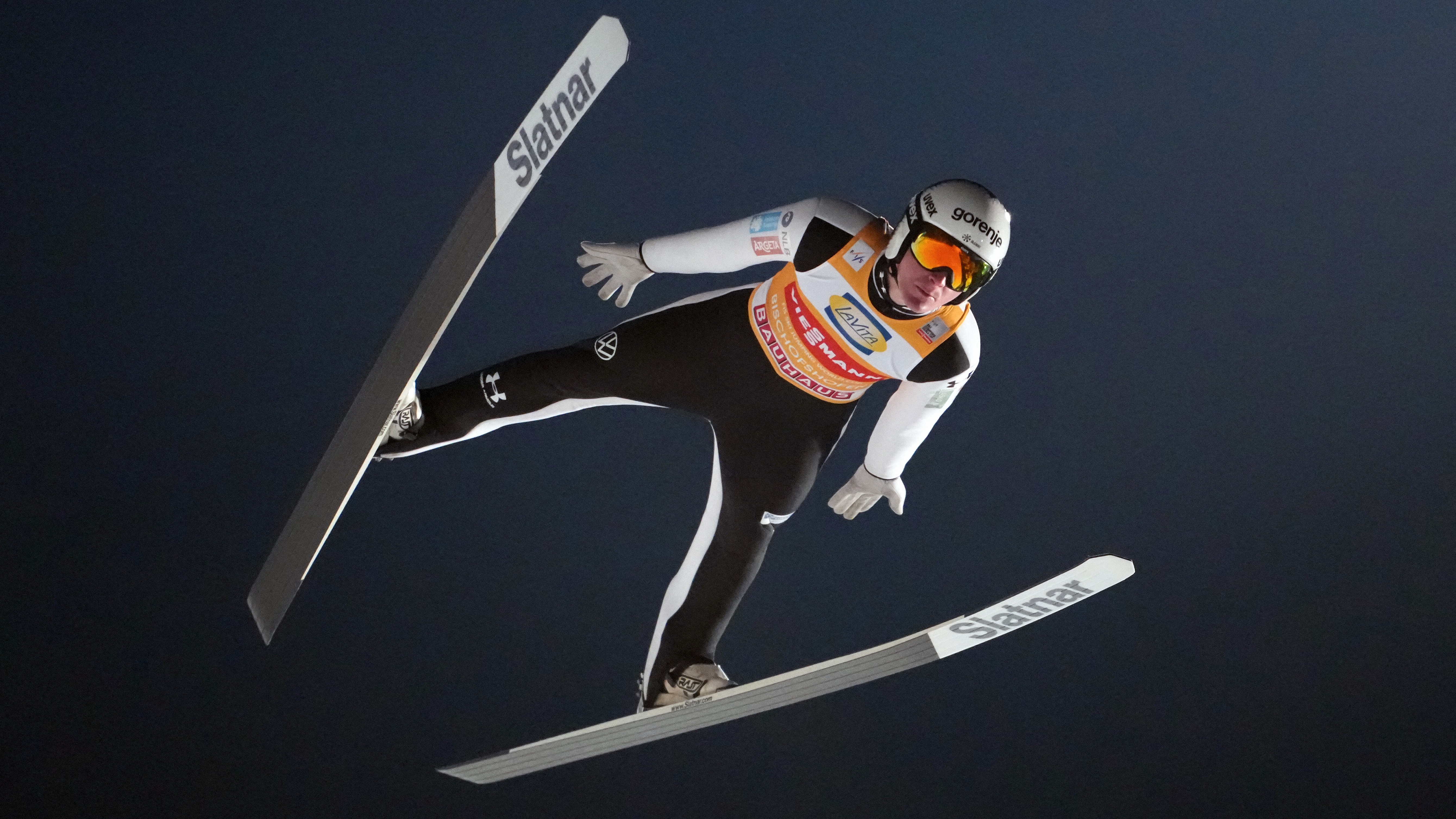 Slovenia's Domen Prevc soars through the air during the Men's Individual Large Hill HS142 event of the FIS Ski Jumping World Cup, the fourth and last leg of the Four Hills Tournament, in Bischofshofen, Austria on January 6, 2026. 