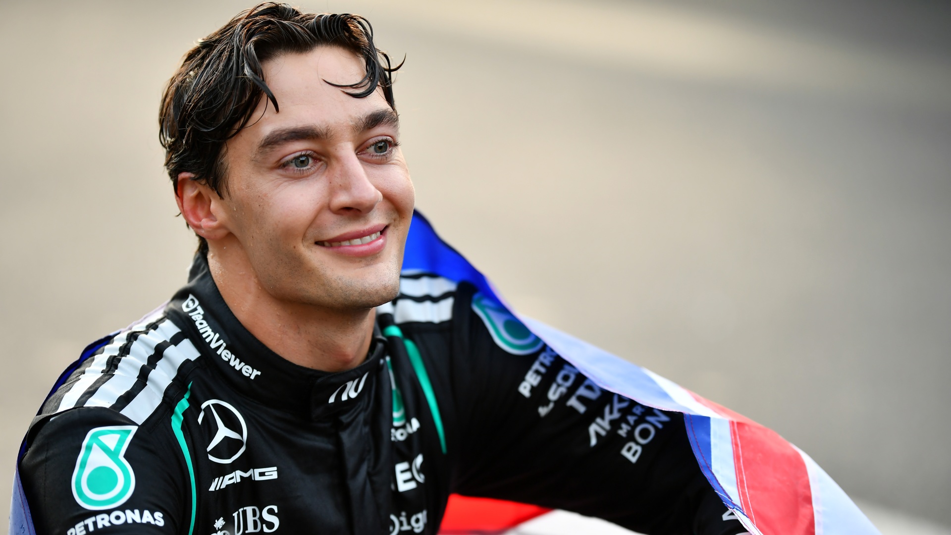 George Russell celebrates winning the Azerbaijan Grand Prix