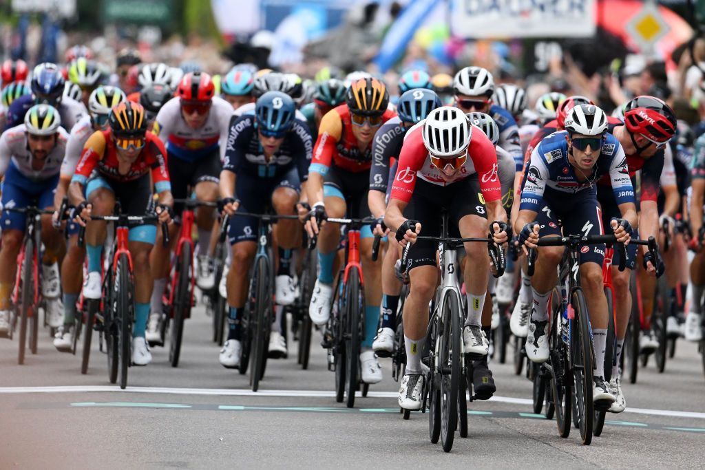 MERZIG GERMANY AUGUST 24 LR Nickolas Zukowsky of Canada and Q365 Pro Cycling Team and Jannik Steimle of Germany and Team Soudal Quick Step lead the peloton during the 38th Deutschland Tour 2023 Stage 1 a 179km stage from Sankt Wendel to Merzig on August 24 2023 in Merzig Germany Photo by Christian KasparBartkeGetty Images