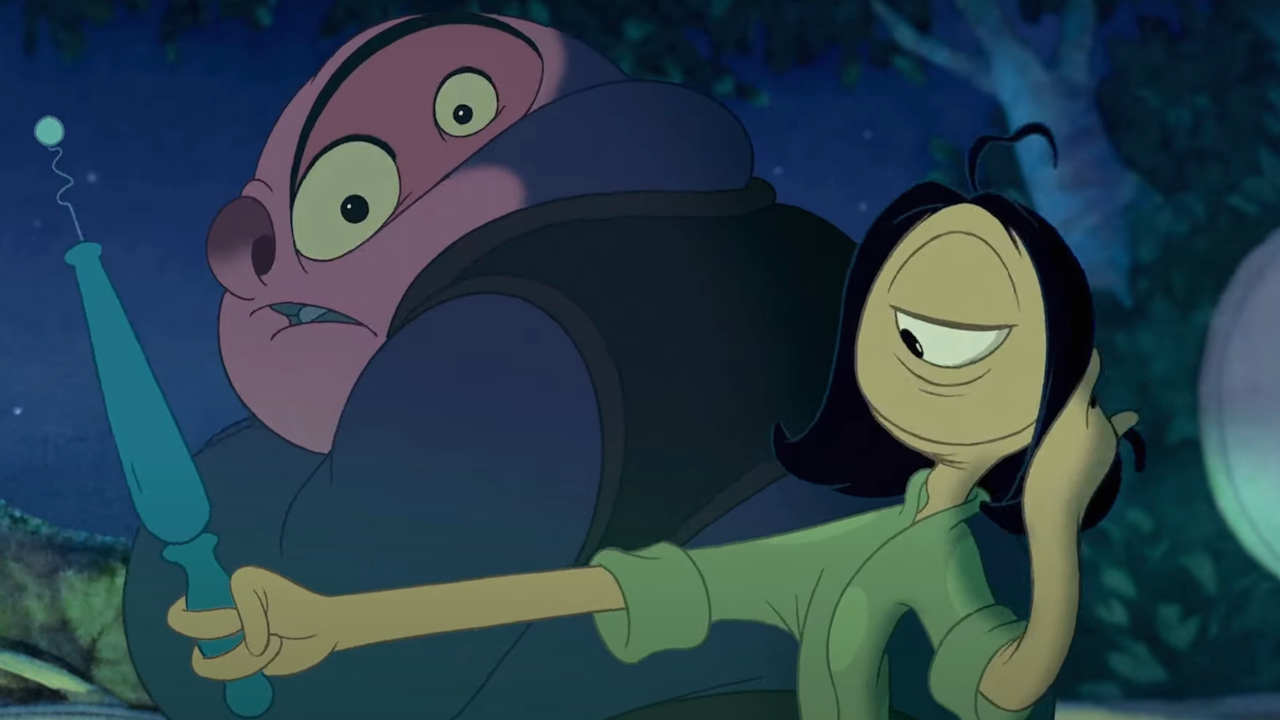 Jumba looks back in worry, as Pleakley admires his wig in a mirror in Lilo & Stitch.