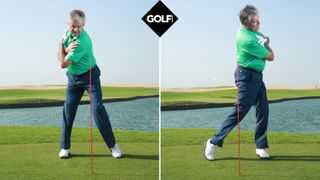 PGA pro Andrew Reynolds demonstrating the proper weight shift in a golf swing