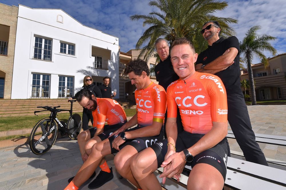 Simon Geschke; Greg Van Avermaet; Serge Pauwels; Jim Ochowicz, general manager; and Fabio Baldato, sports director