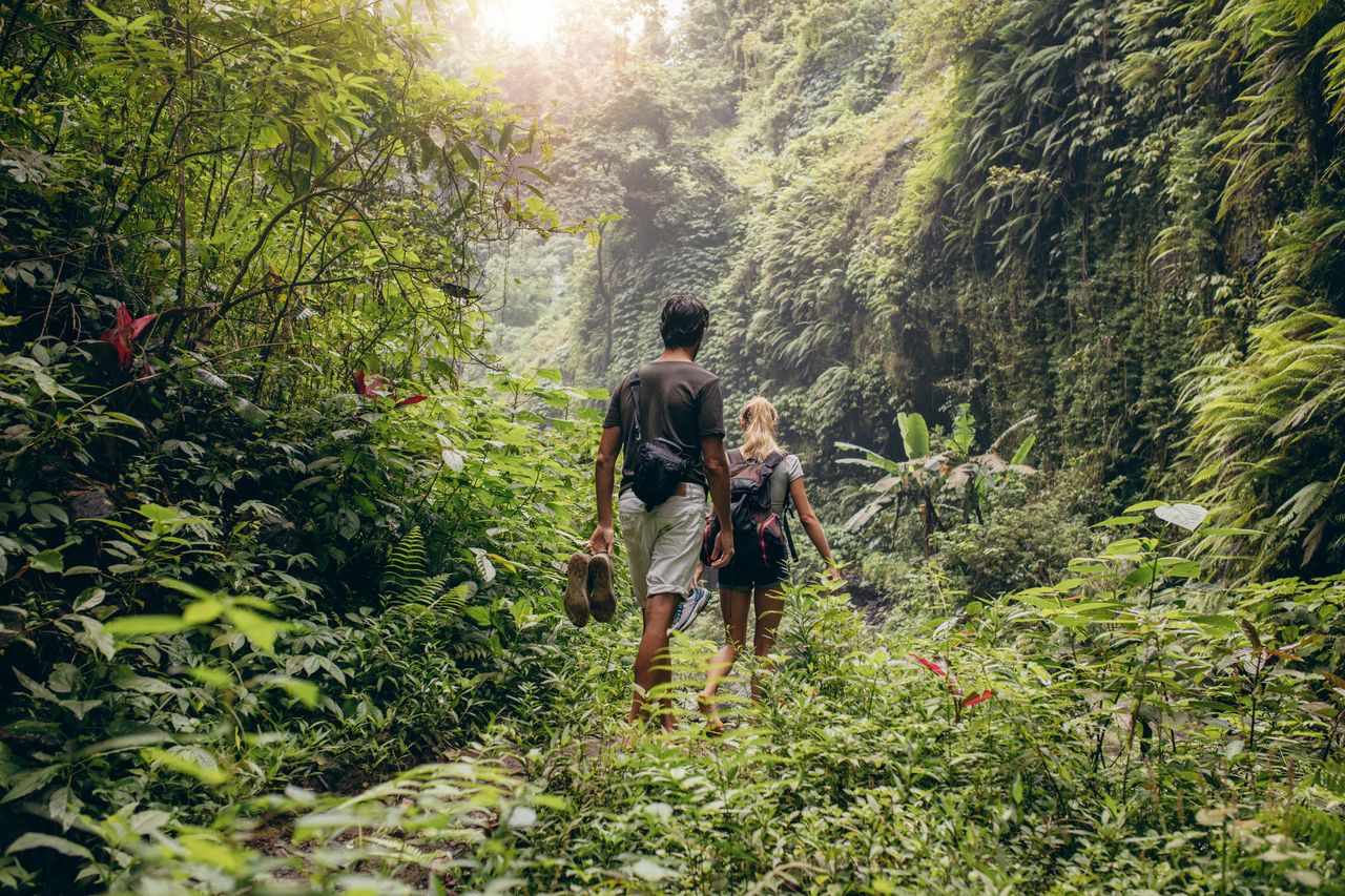 Two friends hiking. 