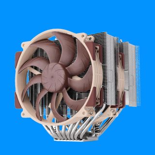 A Noctua CPU air cooler on a blue background.