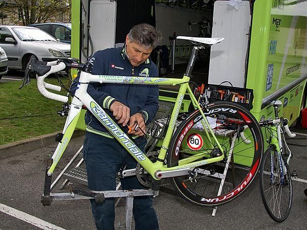 A Liquigas team mechanic preps Pozzato's bike the day before Paris-Roubaix.