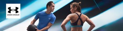 Under Armour logo top left with a wide image of two people with differents of blue hue 
