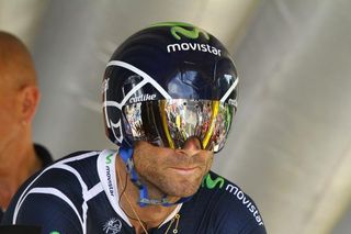 Alejandro Valverde (Movistar) looks down the road ahead in Liege