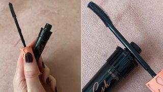 Two adjacent images showing a handheld view of the Benefit Roller Lash mascara (left) and a close up of the top of the tube and its brush (right)