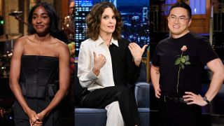 From left to right: press images of Ayo Edebiri hosting SNL, Tina Fey on The Tonight Show and Bowen Yang during an SNL promo.