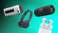Press images of the Denon D-M41DAB, Sony WH-CH520, JBL Flip 7 and Apple AirPods 4 with ANC on a green background 