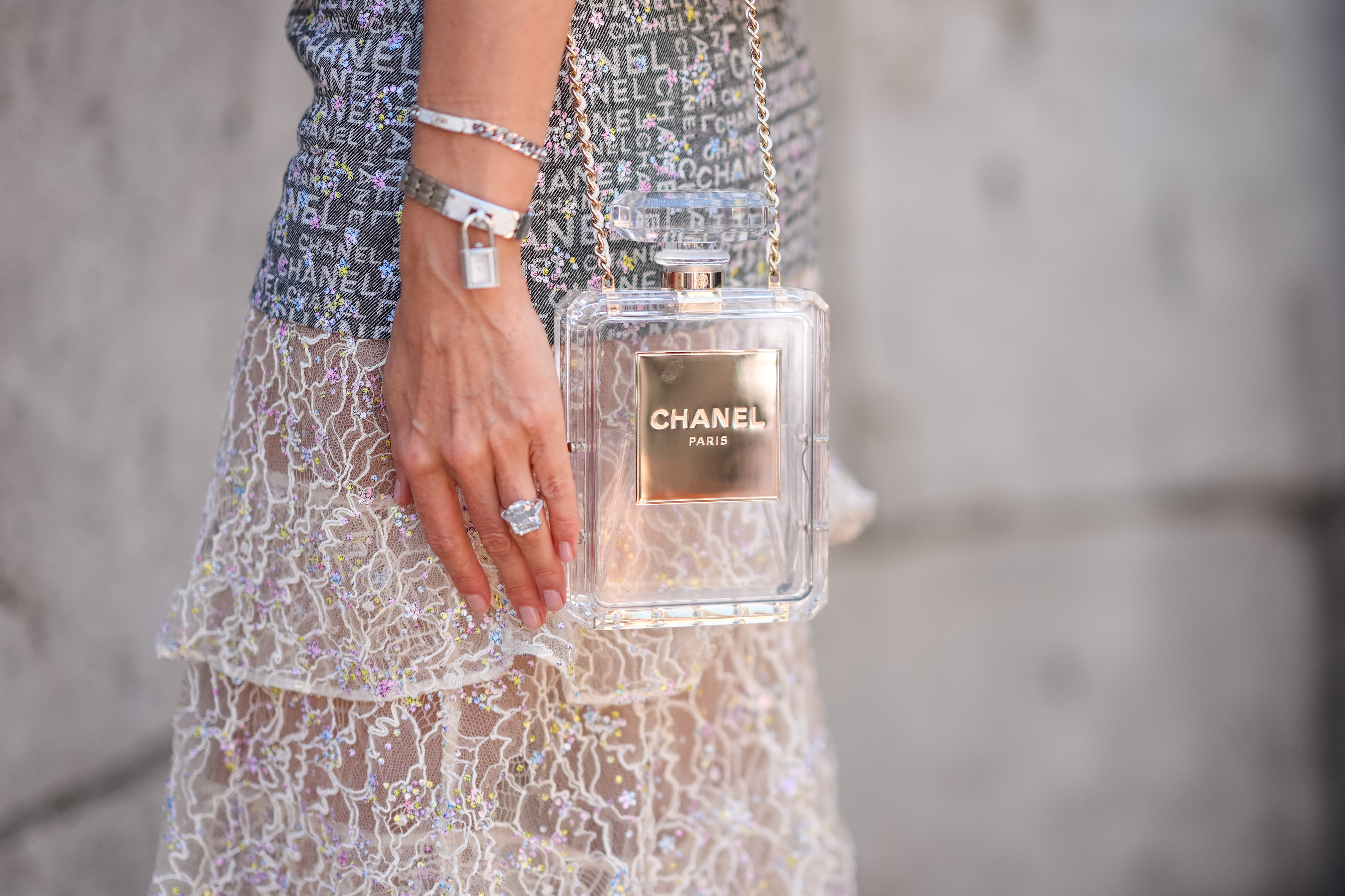 A guest wears bag shaped as a perfume Chanel bottle, outside Chanel, during the Haute Couture Fall/Winter 2024/2025 show