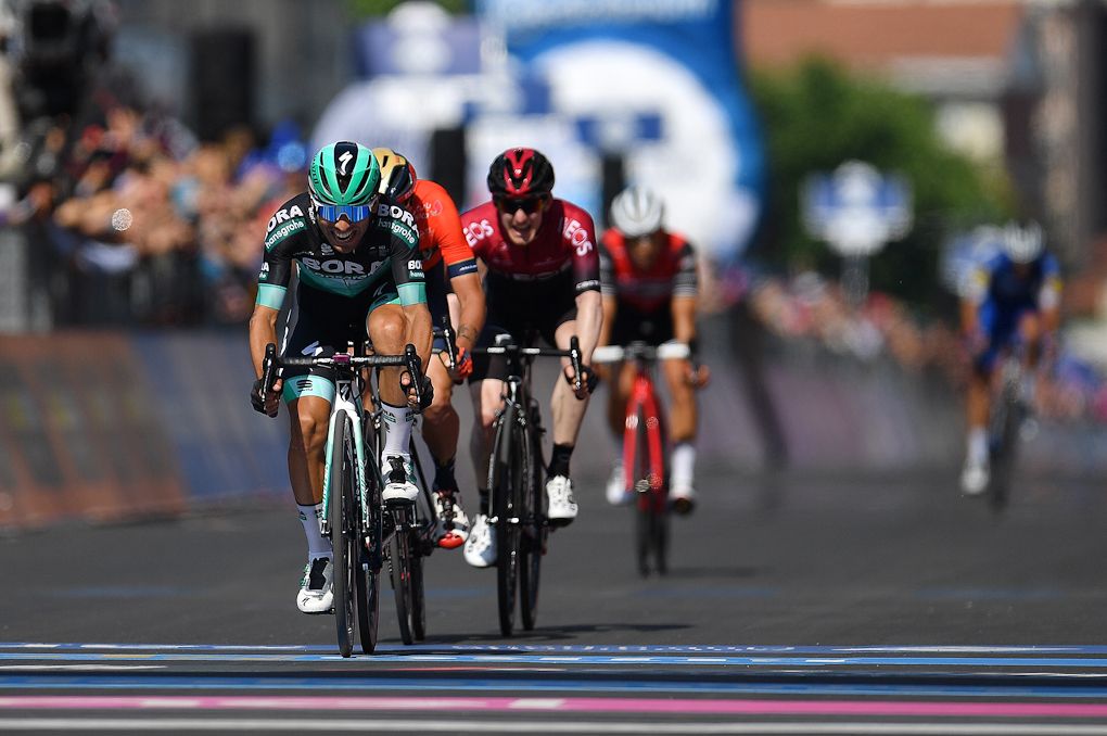 Cesare Benedetti drives to the line at the end of the Giro's 12th stage
