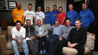 Sir Alex Ferguson, former manager of Manchester United, is pictured with The European Ryder Cup team (L-R) Front row: Rory McIlroy, Ian Poulter, Sir Alex Ferguson, Paul McGinley, Justin Rose, Stephen Gallacher and Back Row: Thomas Bjorn, Martin Kaymer, Lee Westwood, Sergio Garcia, Henrik Stenson, Graeme McDowell, Jamie Donaldson and Victor Dubuisson) after delivering a motivational speech ahead of the 2014 Ryder Cup on the PGA Centenary course at the Gleneagles Hotel