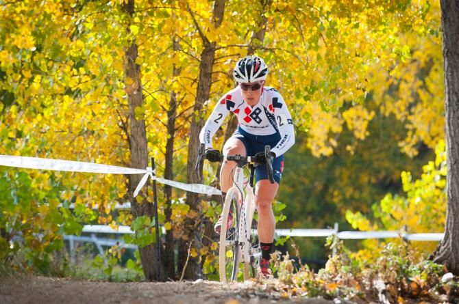 Katie Compton (Trek) finds herself within the gold along the shores of Boulder Reservoir. Colorado Cross Classic.