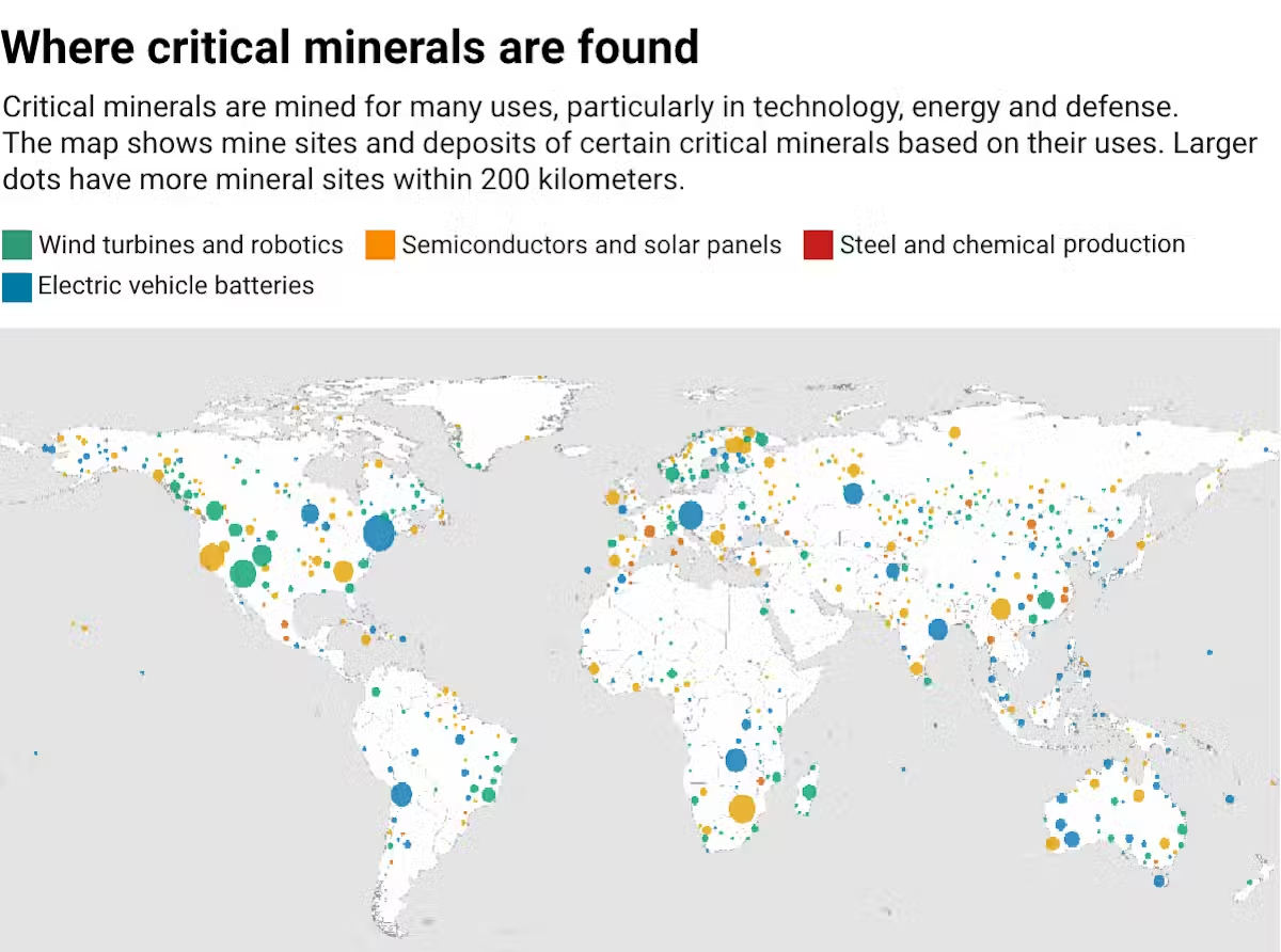 A world map showing various dots corresponding to different mineral sources.