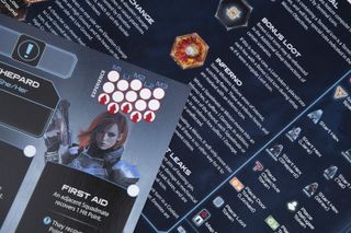 A close up of Shepherd's character sheet and a page of the rulebook in the board game Mass Effect: Priority Hagalaz.