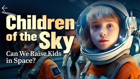 children in space suits float in space