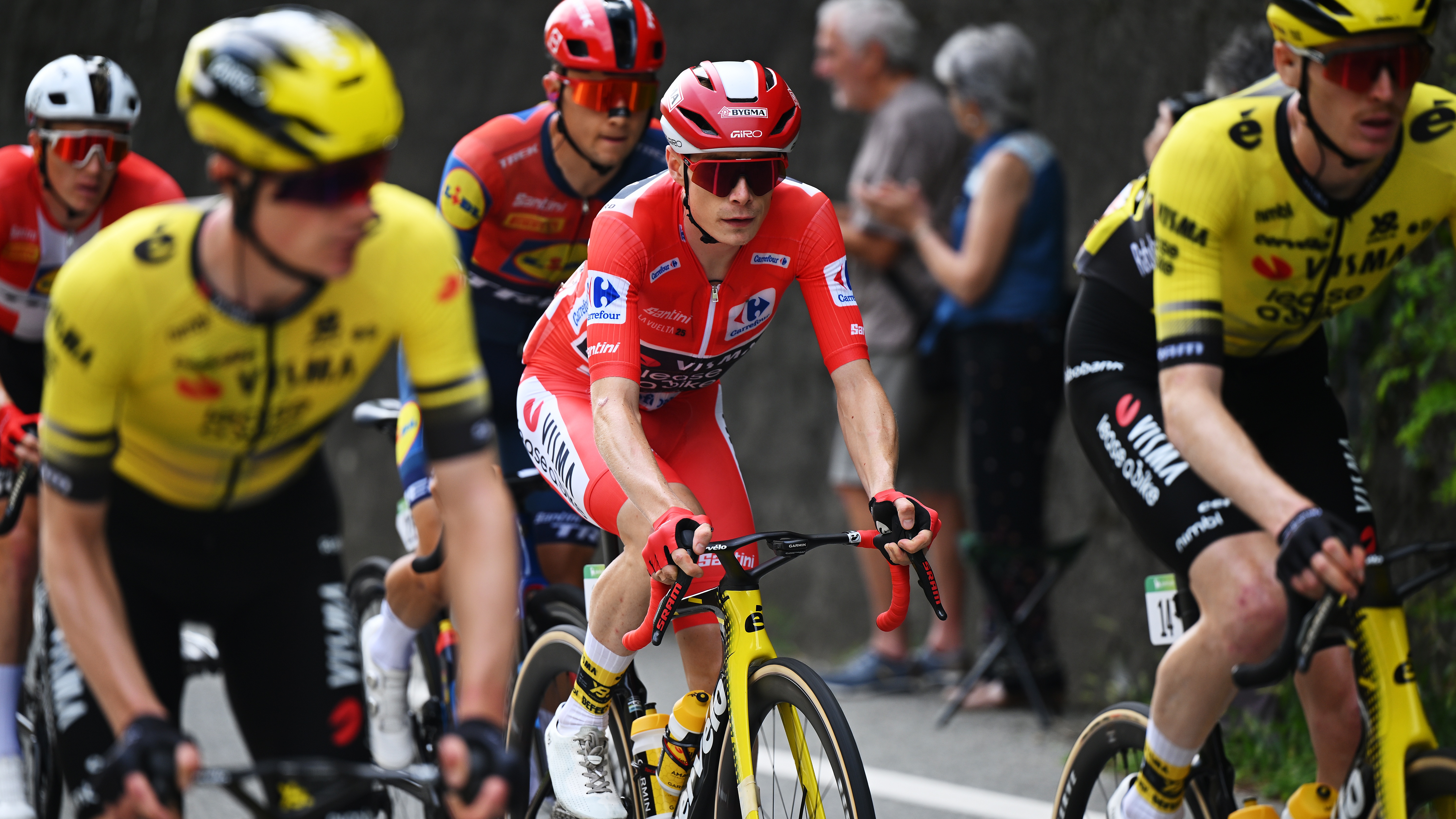 Jonas Vingegaard of Denmark and Team Visma | Lease a Bike - Red Leader Jersey competes during the La Vuelta - 80th Tour of Spain 2025, Stage 3 a 134.6km stage from San Maurizio Canavese to Ceres 704m / #UCIWT / on August 25, 2025 in Ceres, Italy. 