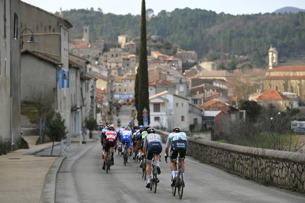 BESSGES FRANCE FEBRUARY 05 The peloton during the 51st toile de Bessges Tour du Gard 2021 Stage 3 a 1548km stage from Bessges to Bessges Barjac Village EDB2020 on February 05 2021 in Bessges France Photo by Luc ClaessenGetty Images