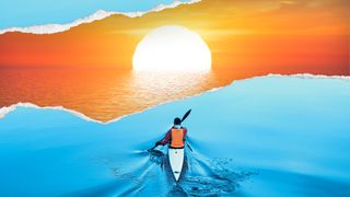 Screenshot from Adobe Photoshop Elements 2025 depicting a composite. A man in a kayak sails towards a sunset.