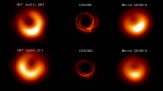 Observed and theoretical images of M87*. The left panels display EHT images of M87* from the 2018 and 2017 observation campaigns. The middle panels show example images from a general relativistic magnetohydrodynamic (GRMHD) simulation at two different times. The right panels present the same simulation snapshots, blurred to match the EHT's observational resolution.