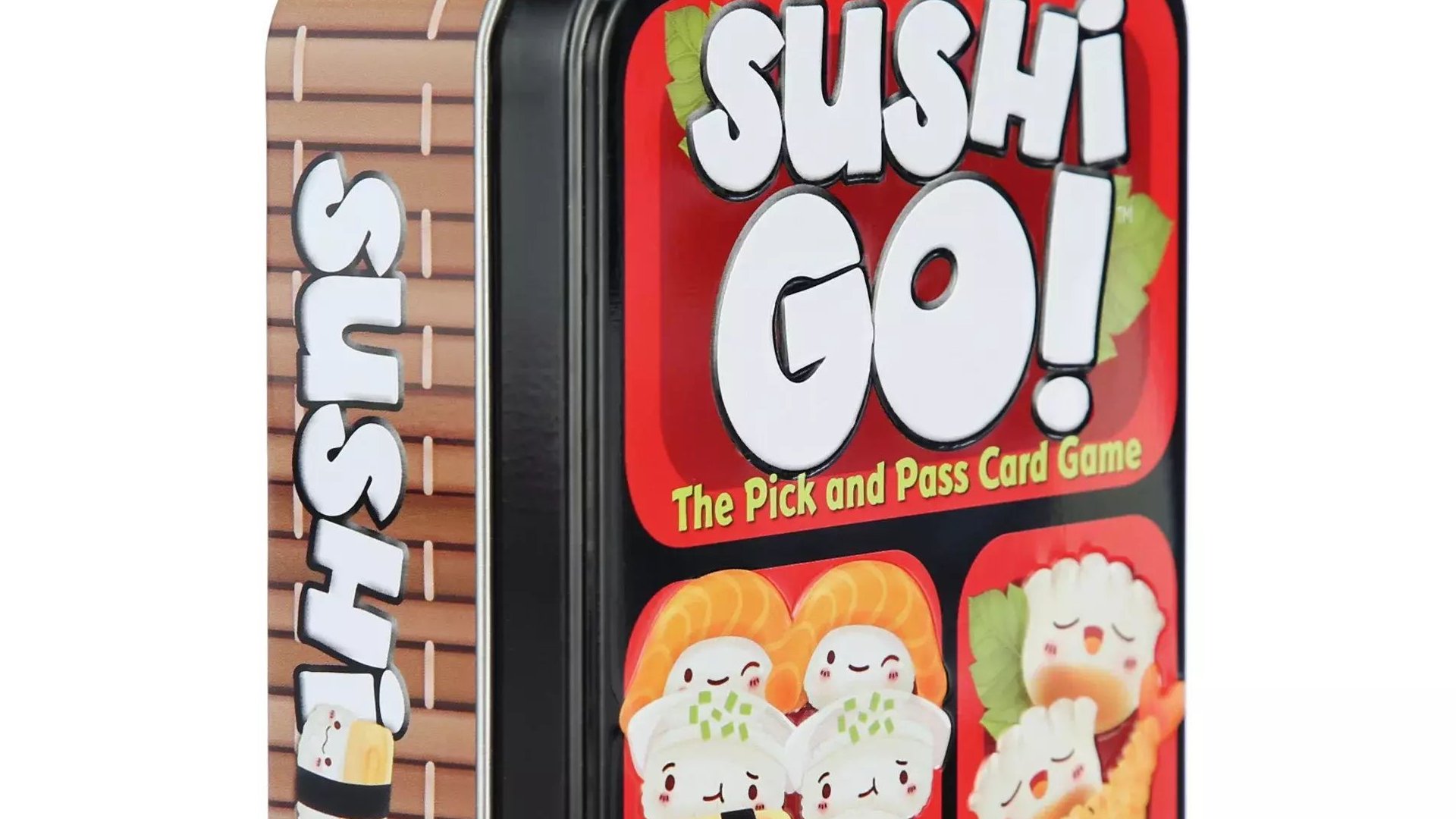 melhores jogos de tabuleiro para dois jogadores – caixa de lata Sushi Go com uma ilustração de pedaços de sushi rindo