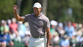 Tiger Woods acknowledges the crowd at The Masters