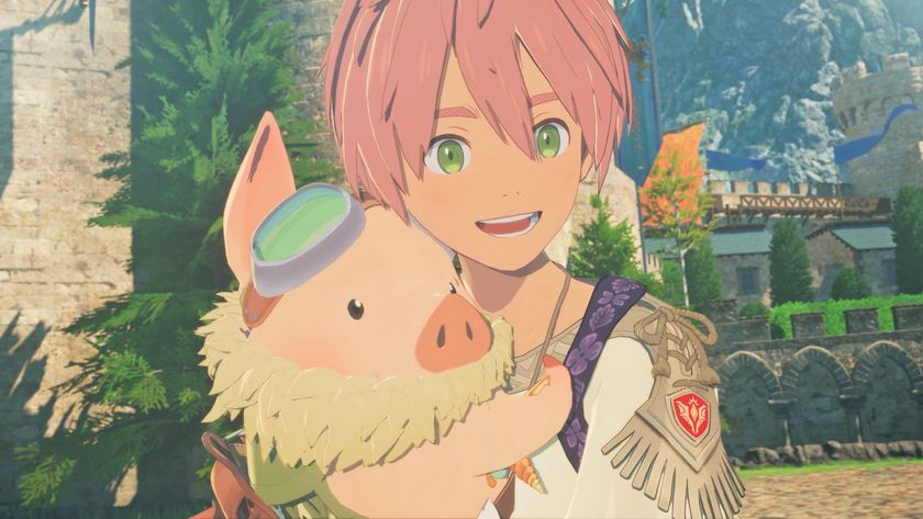 A character holds a tiny pig with goggles in Monster Hunter Stories 3: Twisted Reflection