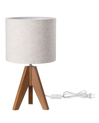 Edishine Tripod Table Lamp, Small Cute Bedside Lamp With Linen Beige Lampshade, Nightstand Lamp for Nursery, Bedroom, Kid Room, Living Room, Light Brown Wooden Base, E26 Socket, 14.2 Inch