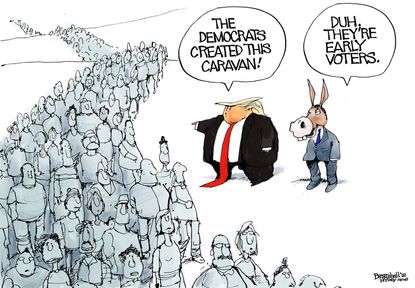 Political cartoon U.S. Trump Democrats caravan early voters midterm election