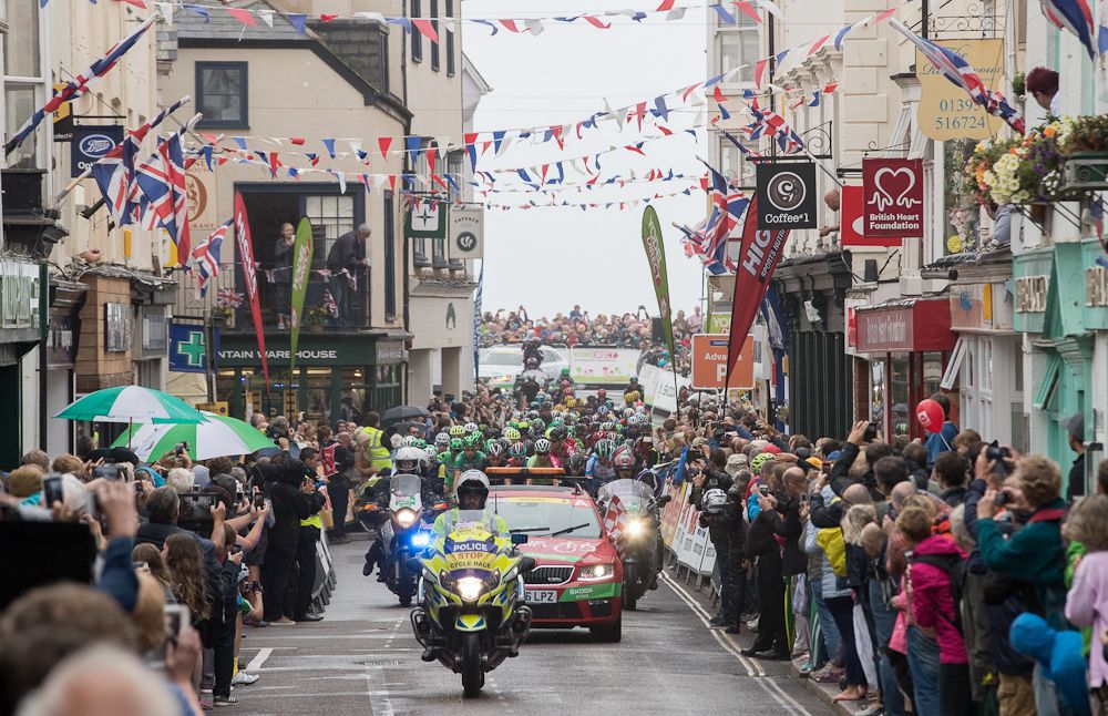The peloton gets underway during stage 6 in Britain.