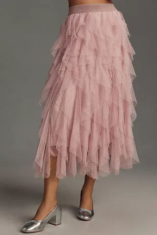 The Chéri Ruffled Tulle Midi Skirt by Anthropologie