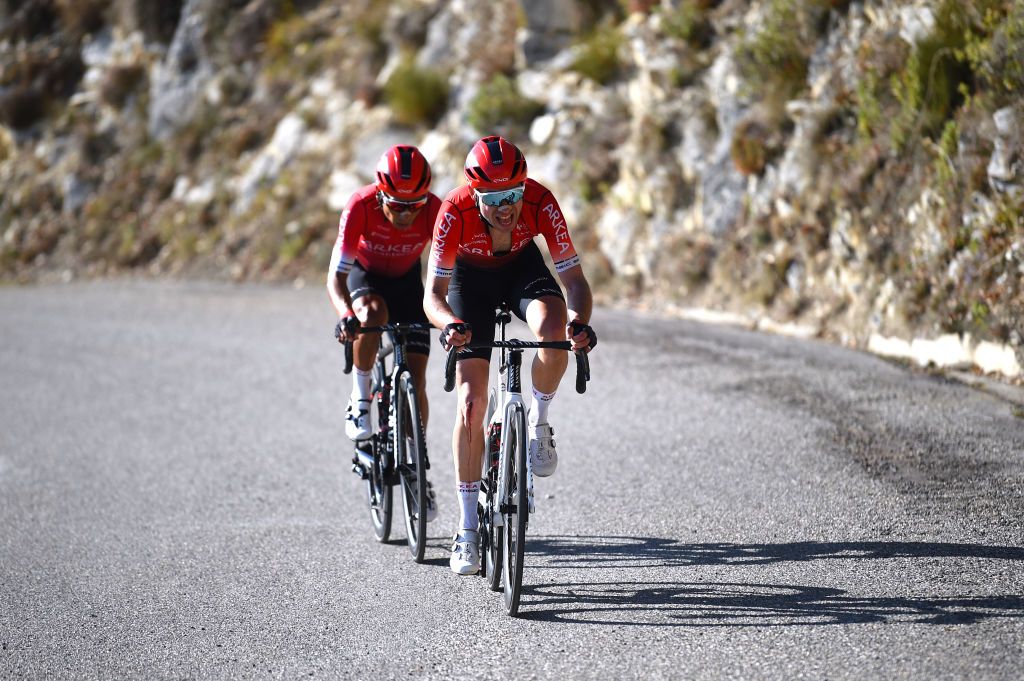 BLAUSASC FRANCE FEBRUARY 20 Nicolas Edet of France and Nairo Alexander Quintana Rojas of Colombia and Team Arka Samsic attack during the 54th Tour Des Alpes Maritimes Et Du Var Stage 3 a 1126km stage from Villefranche sur Mer to Blausasc on February 20 2022 in Blausasc France Photo by Dario BelingheriGetty Images