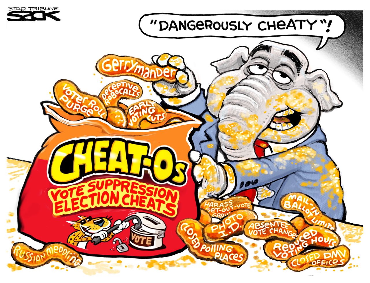 Political Cartoon U.S. Cheetos electoral voter suppression Republicans GOP