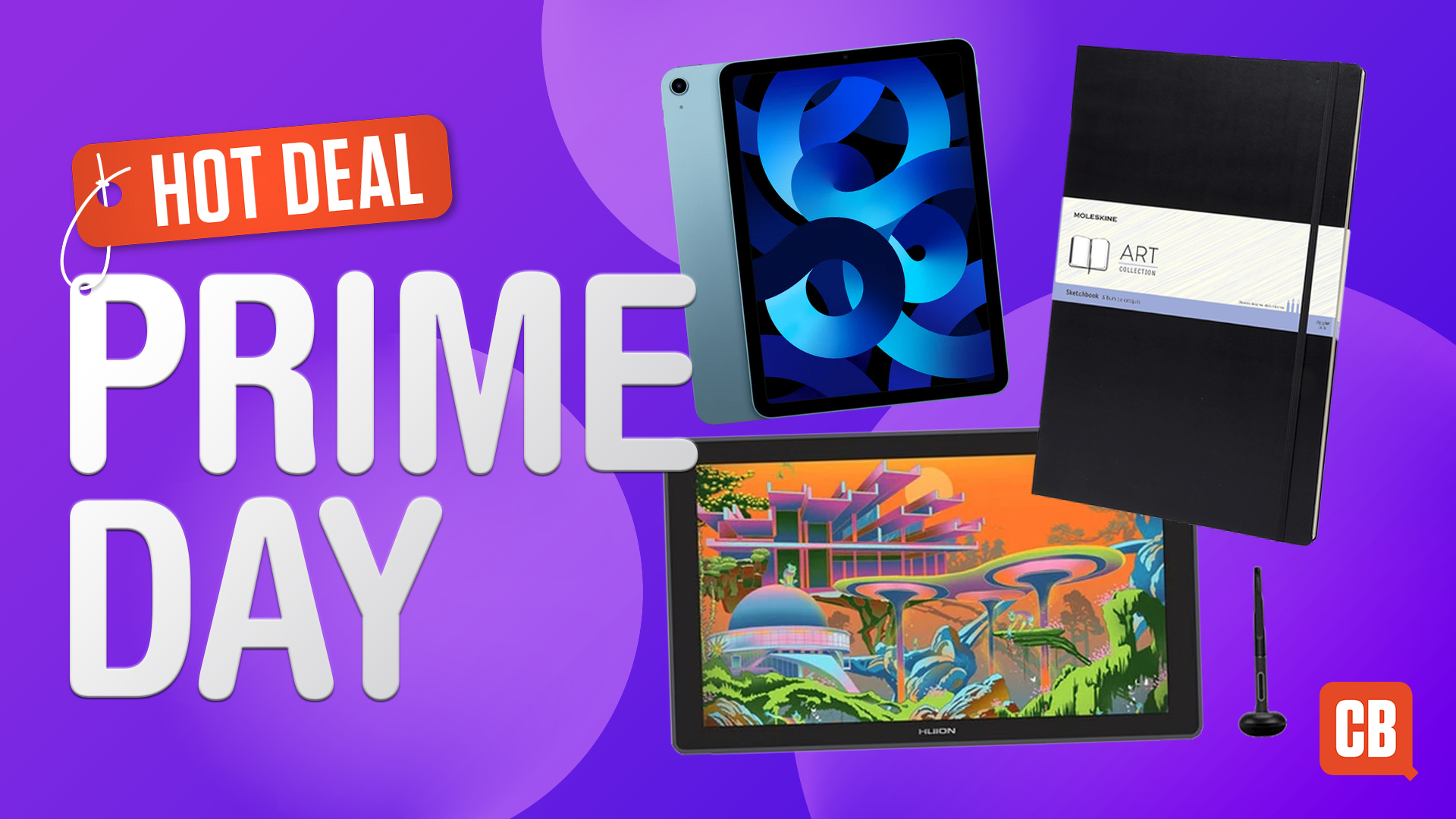 iPad, drawing tablet and Moleskine notebook on a purple background next to text that says 'hot deal Prime day'