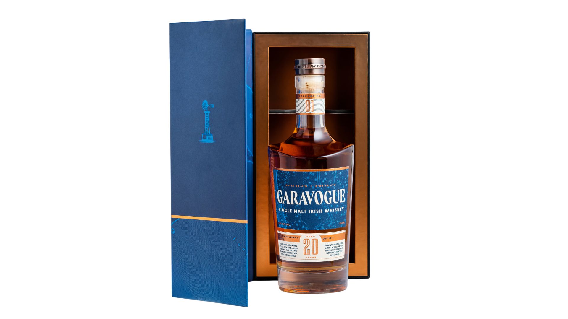 an image of Garavogue whiskey bottle against a white background. The bottle is a reverse crescent shape, with a blue label. The bottle is in front of the bottle box which has a blue outer and a wooden inner frame