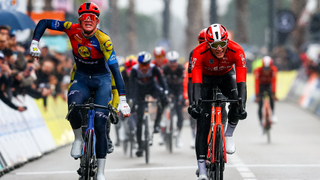 Danish Mads Pedersen of Lidl-Trek and British Joshua Tarling sprint to the finish of stage six of the 83th edition of the Paris-Nice cycling race, 209,8 km from Saint-Julien-en-Saint-Alban to Berre l'Etang, France, Friday 14 March 2025. BELGA PHOTO DAVID PINTENS (Photo by DAVID PINTENS / BELGA MAG / Belga via AFP) (Photo by DAVID PINTENS/BELGA MAG/AFP via Getty Images)