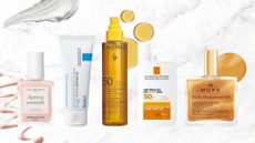 A collage of French beauty products from Manucurist, La Roche-Posay, Caudalie and Nuxe, arranged on a white and grey marbled template with nail polish, face cream and body oil stock images