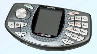 The Nokia N-Gage on a blue background.