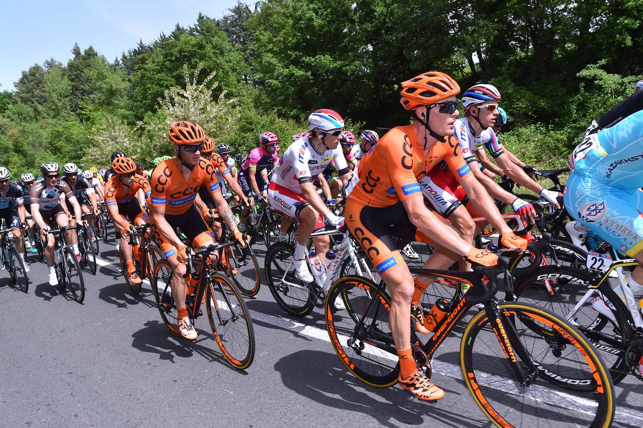 The bright colours of CCC Sprandi in the bunch