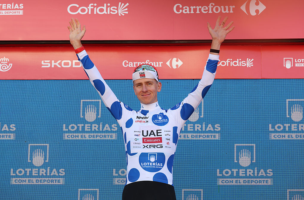 ANDORRA LA VELLA, ANDORRA - AUGUST 25: Tadej Pogacar of Slovenia and UAE Team Emirates XRG celebrates at podium as Polka dot Mountain Jersey winner during the La Vuelta - 81st Tour of Spain 2026, Stage 4 a 104.8km from Andorra la Vella to Andorra la Vella / #UCIWT / on August 25, 2026 in Andorra la Vella, Andorra. (Photo by Alexander Hassenstein/Getty Images)