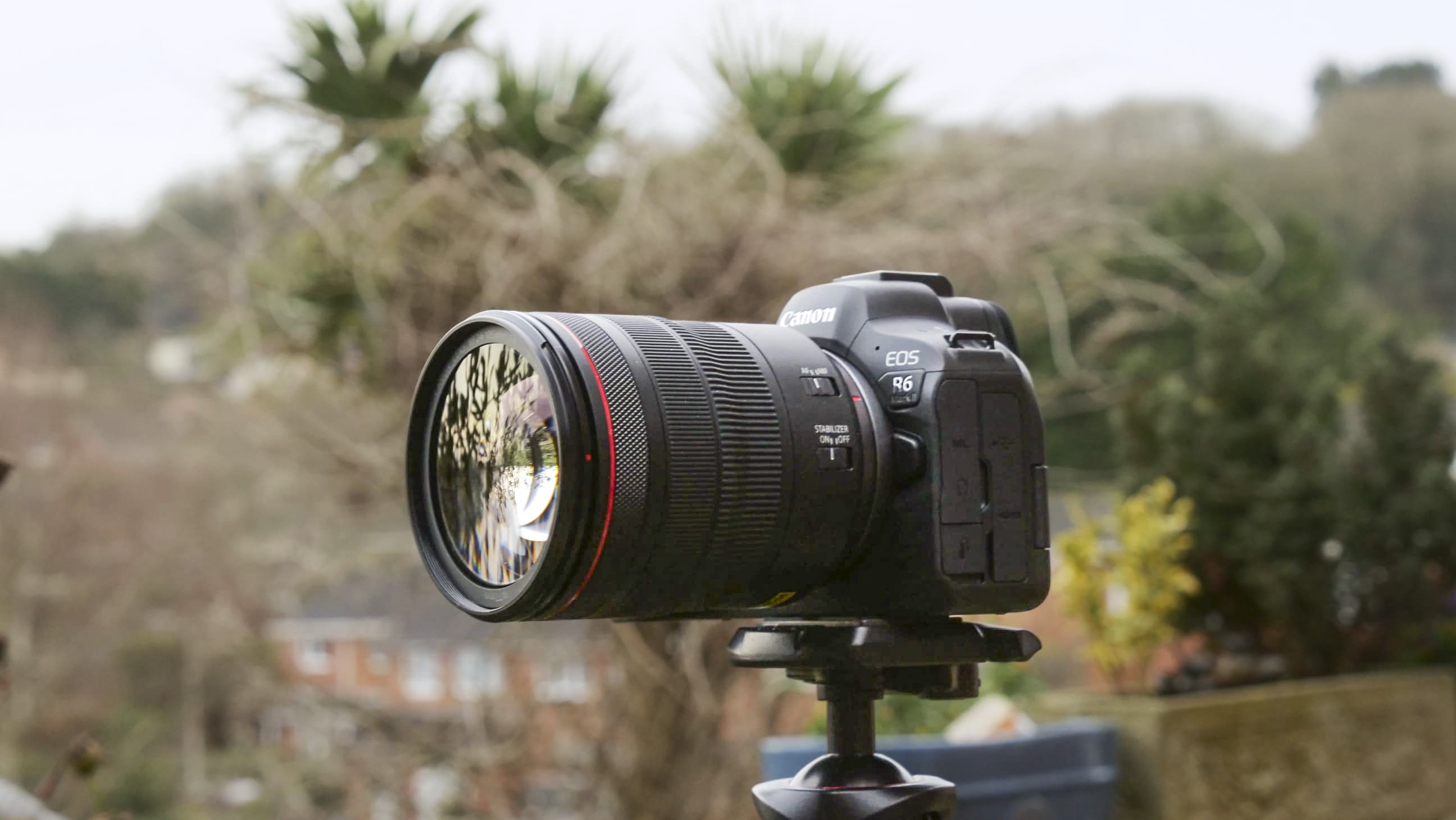 Canon EOS R6 II profile and outside on a tripod