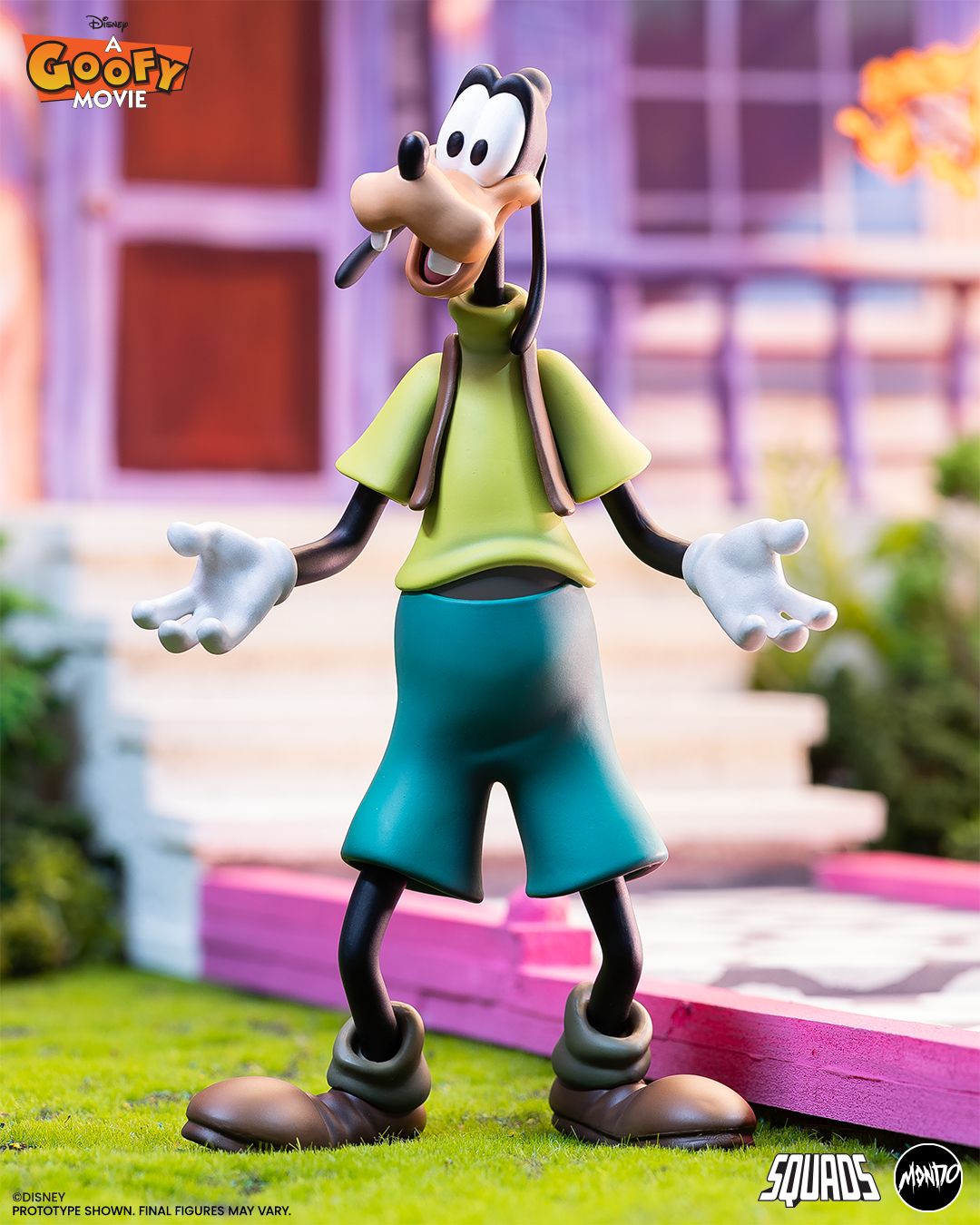 A Goofy Movie figures posing against themed backgrounds