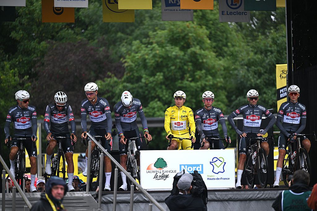 LAUWIN-PLANQUE - JULY 06: A general view of Mathieu Van Der Poel of Netherlands, Silvan Dillier of Switzerland, Kaden Groves of Australia, Xandro Meurisse of Belgium, Jasper Philipsen of Belgium - Yellow leader jersey, Jonas Rickaert of Belgium, Gianni Vermeersch of Belgium, Emiel Verstrynge of Belgium and Team Alpecin - Deceuninck prior to the 112th Tour de France 2025, Stage 2 a 209.1km stage from Lauwin-Planque to Boulogne-sur-Mer / #UCIWT / on July 06, 2025 in Lauwin-Planque, France.