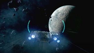 Star Wars Outlaws: Spaceship flying near moon.
