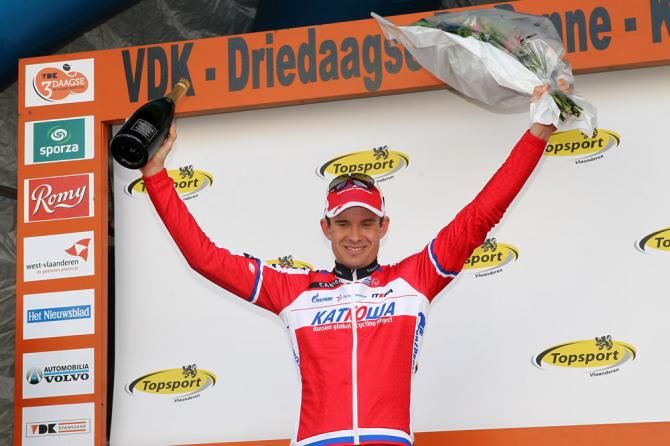 Stage 3a winner Alexander Kristoff (Katusha) on the podium.