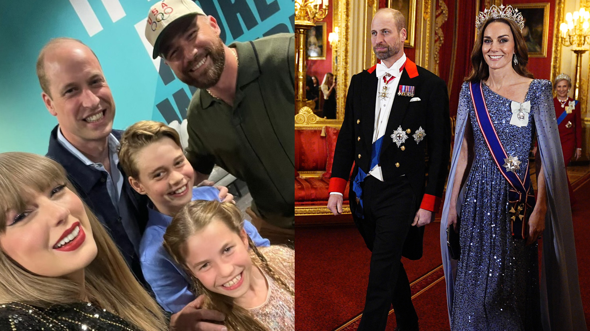 Prince William, Princess Charlotte and Prince George posing with Taylor Swift and Travis Kelce; Prince William and Princess Kate in eveningwear